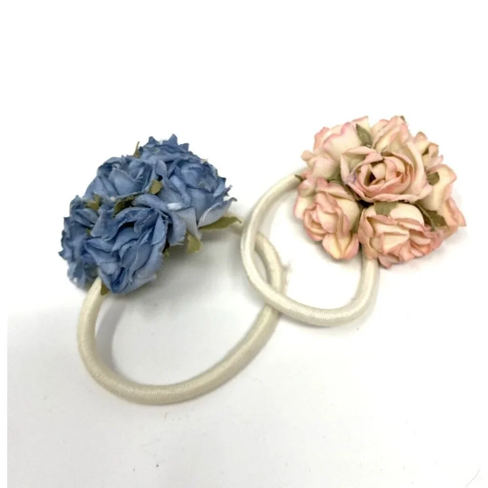 Set of 2 Rosette Elastic Ponytail Holder Blue Light Pink Hair Accessory Girls